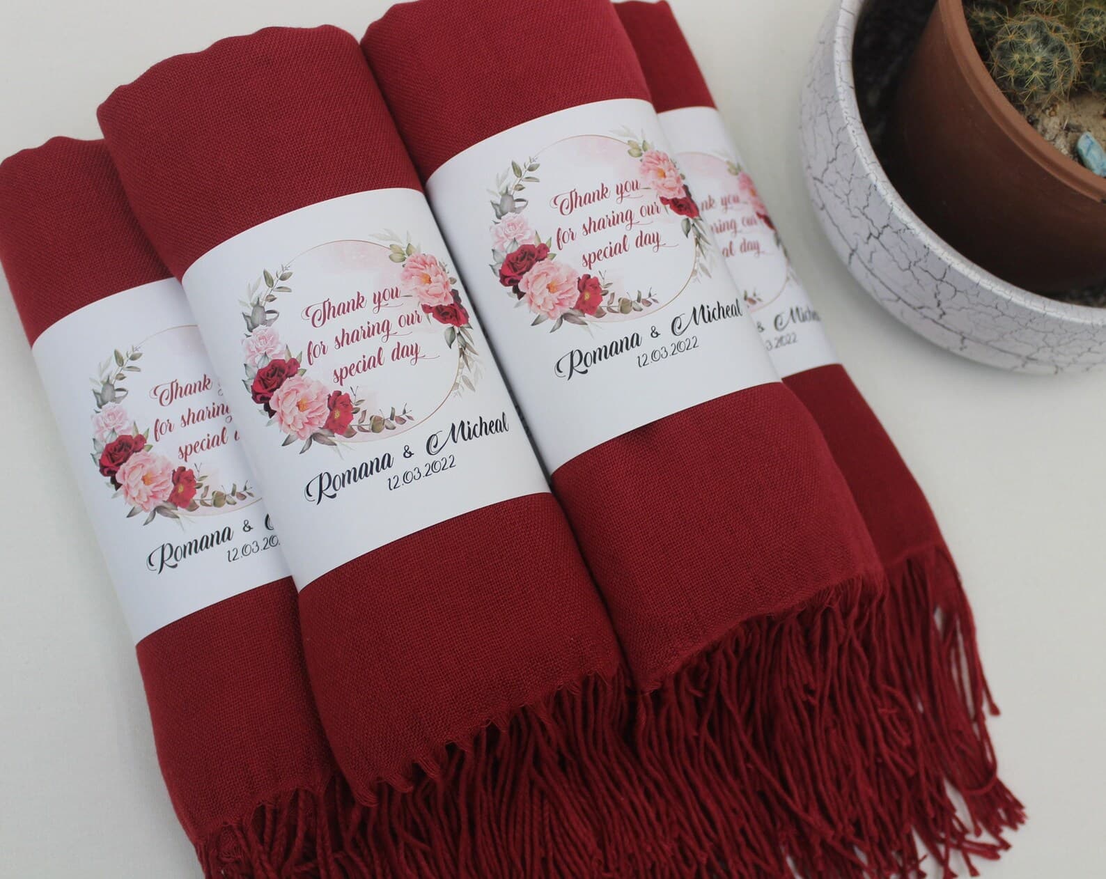 Burgundy Pashmina Shawl Wedding Favour — handmade by Butterflyy Shop